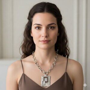 Silver and Brown Geometric Pendant Necklace